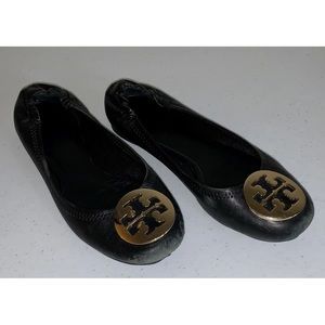 Tory Burch Reva Ballet Flats Size 6.5 Black Leather Upper